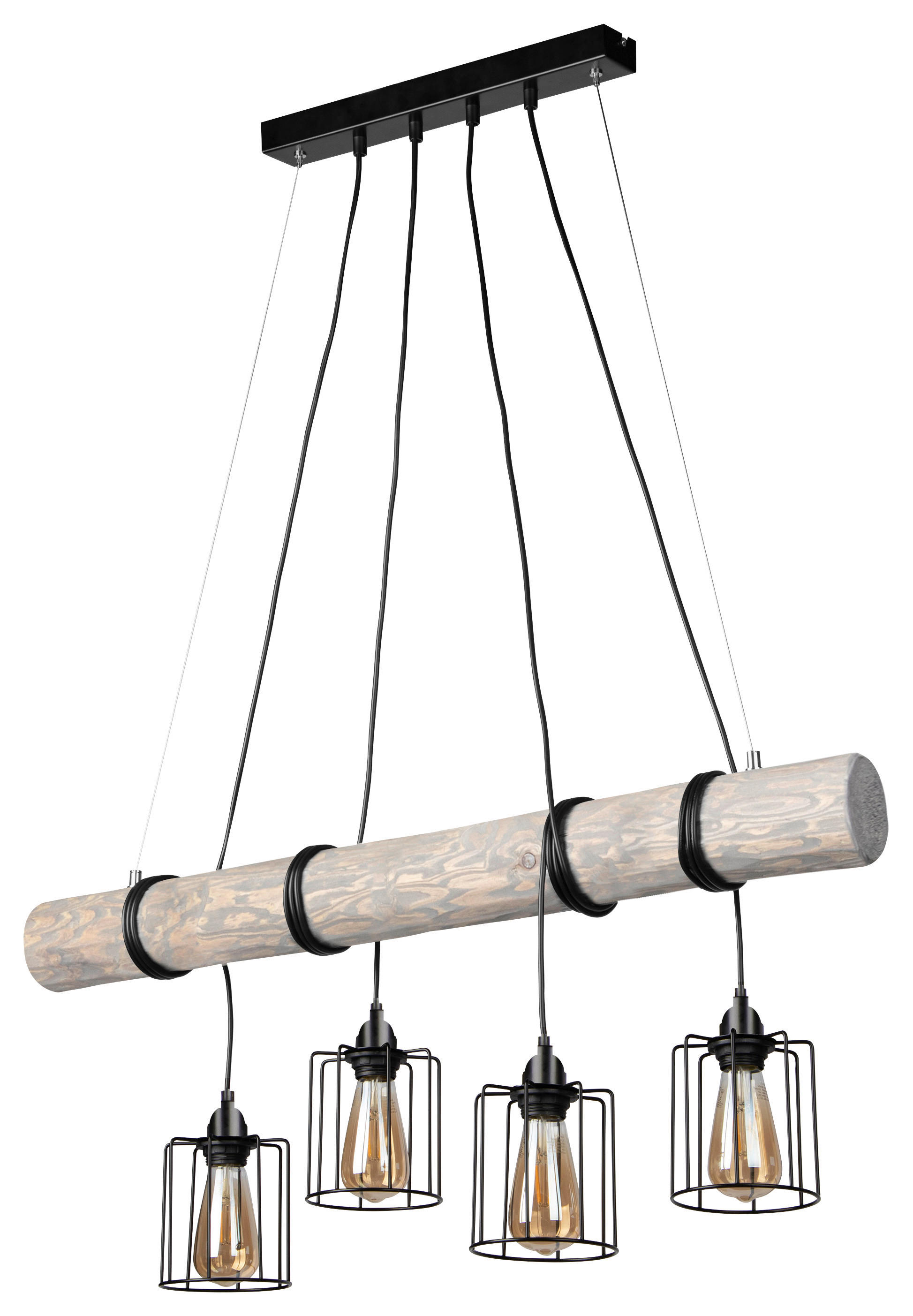 SPOT Light Pendelleuchte Keyla, Holzbalken aus massivem Kiefernholz Ø 8-12 cm, Holz grau gebeizt, Naturprodukt mit FSC-zertifikat, Offene Metallschirme, passende LM E27, Made in Europe