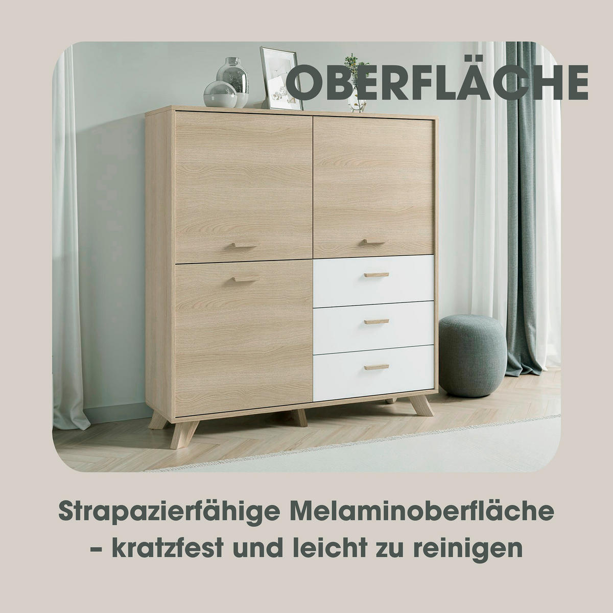 Highboard BASTIAN Eiche weiß B/H/T: ca. 120x131x36,5 cm BASTIAN - Eiche/weiß (120,00/131,00/36,50cm) - byLIVING
