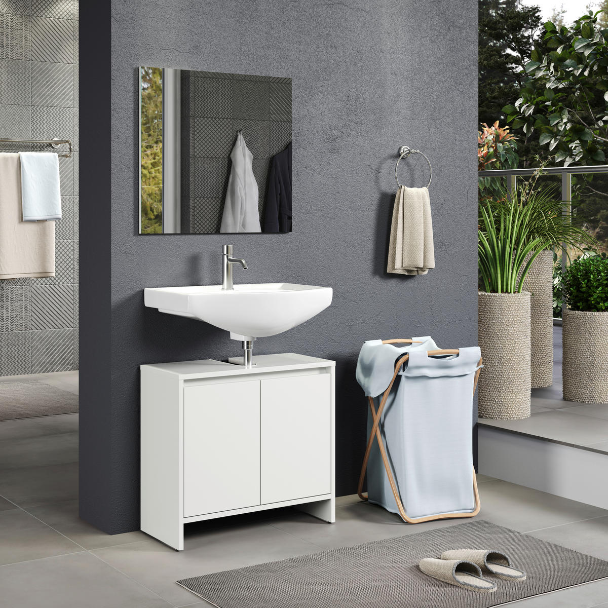 Badezimmer-Set Basix weiß matt grau B/H/T: ca. 60x164x28 cm Basix - weiß/grau (60,00/164,00/28,00cm) - Trendteam