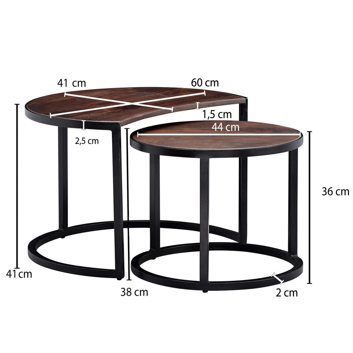 Beistelltisch 2er-Set. natur schwarz pulverbeschichtet Echtholz Eisen 2er-Set. - natur/schwarz - Wohnling