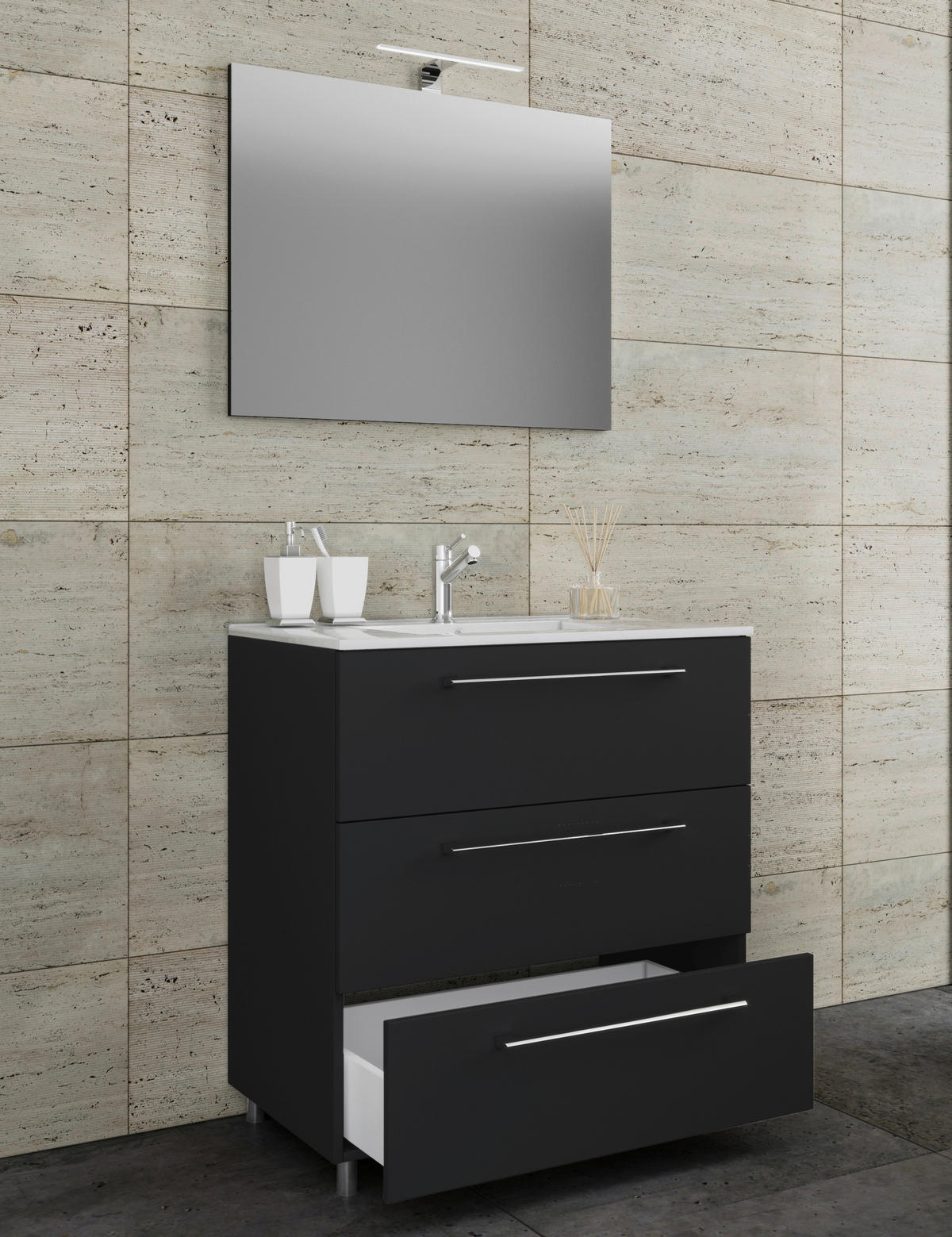 Waschplatz 3tlg-Schubo schwarz B/H/T: ca. 60x86x46 cm 3tlg-Schubo - schwarz (60,00/86,00/46,00cm) - VCM Möbel