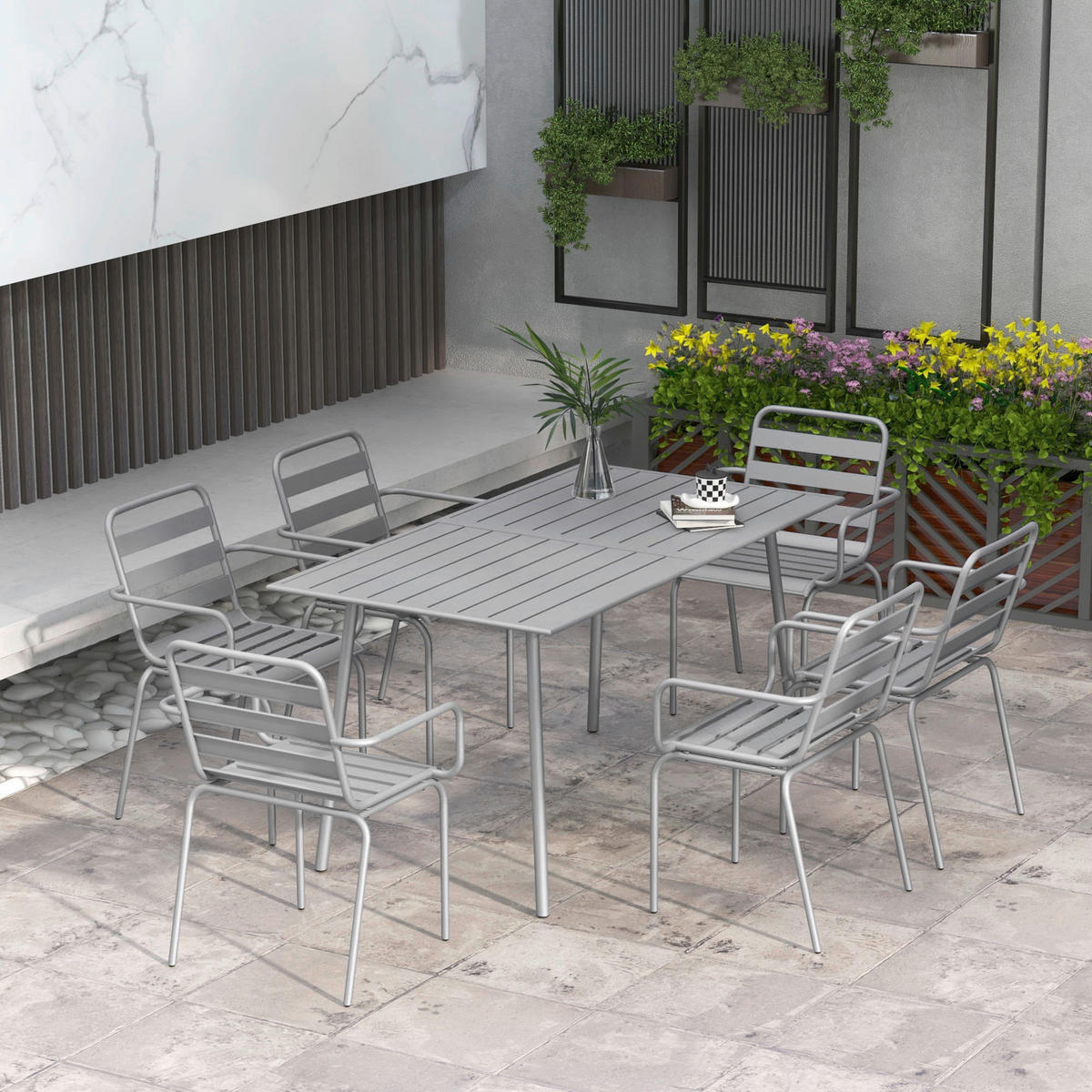 Outsunny Gartensitzgruppe 7tlg. hellgrau Stahl B/H/L: ca. 80x74x80 cm Gartensitzgruppe 7tlg. - hellgrau (80,00/80,00/74,00cm) - Outsunny