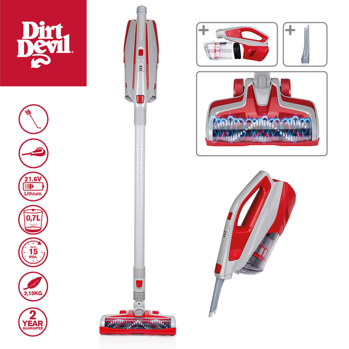 Dirt Devil Hand-/Stielstaubsauger DD9003 grau rot Akku-Hand-/Stielstaubsauger_DD9003 - rot/grau - Dirt Devil