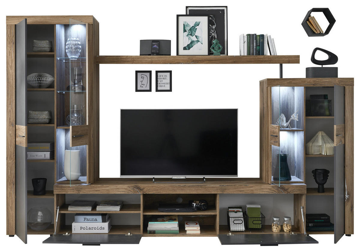 Wohnwand Boost Eiche Flagstaff Nachbildung Matera Nachbildung B/H/T: ca. 320x205x45 cm Boost - Eiche (320,00/205,00/45,00cm)