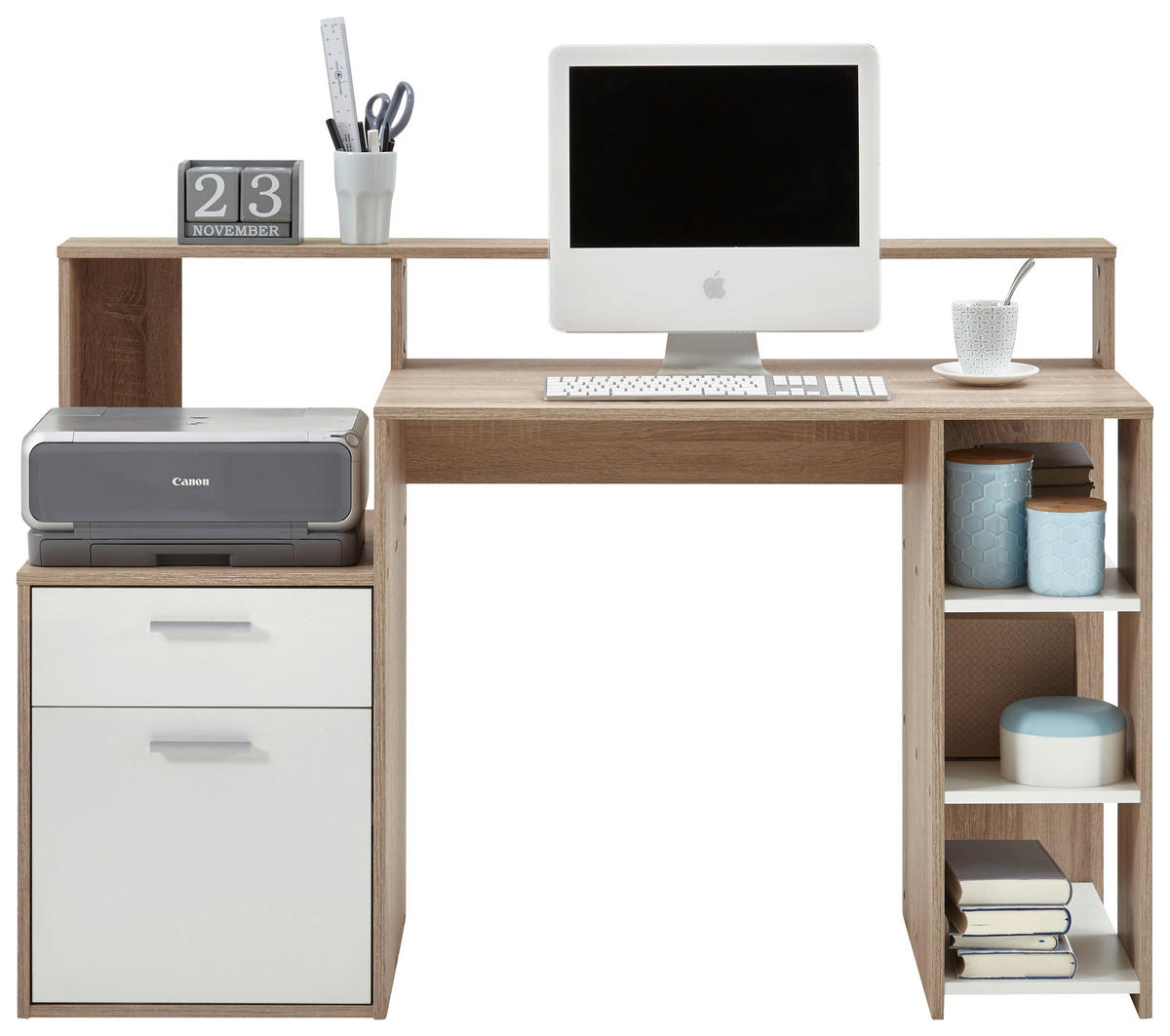 Schreibtisch  Eiche Sonoma Nachbildung weiß B/H/T: ca. 139x92x54 cm Bolton_Schreibtisch 3006-001 - Eiche/weiß (139,00/92,00/54,00cm)