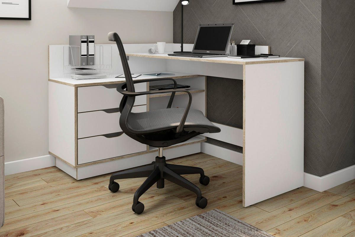 Schreibtisch BELFAST weiß Eiche Sonoma Nachbildung B/H/T: ca. 129x83,5x105 cm BELFAST - Eiche/weiß (129,00/83,50/105,00cm) - byLIVING
