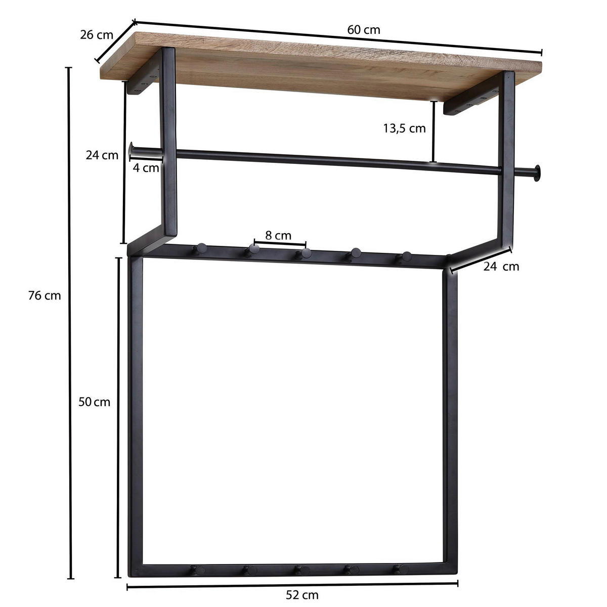 Garderobe natur schwarz pulverbeschichtet B/H/T: ca. 60x76x26 cm Garderobe - natur/schwarz (60,00/76,00/26,00cm) - Wohnling