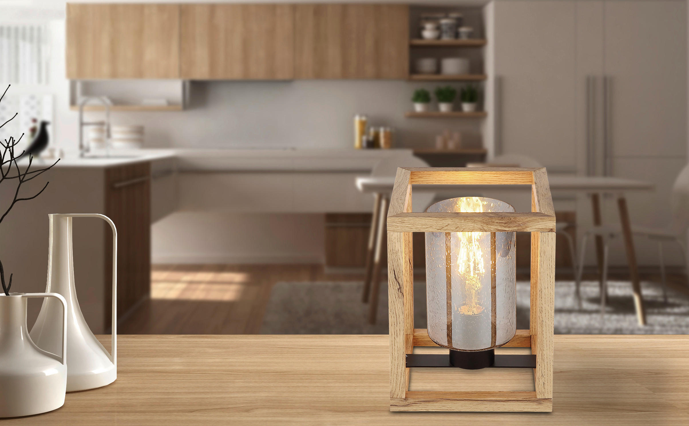 Thumbnail - GLOBO Tischleuchte dunkelbraun schwarz Rauch Metall Glas B/H/L: ca. 17x22x17 cm E27 1 Brennstellen