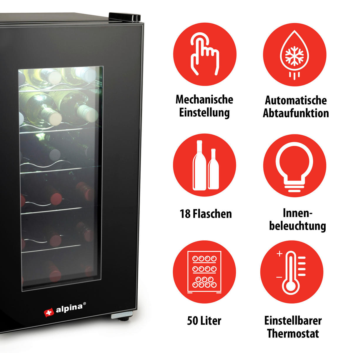 Alpina Weinkühlschrank CW-52H schwarz B/H/T: ca. 35x66x49 cm Weinkühlschrank - schwarz (35,00/66,00/49,00cm) - Alpina