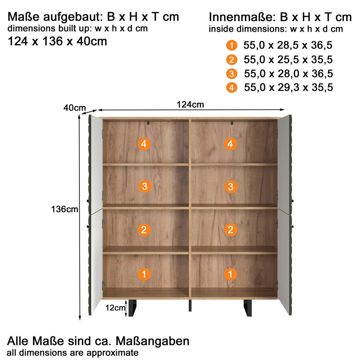 Highboard Sentra Eiche Artisan Nachbildung grün dunkel B/H/T: ca. 124x136x40 cm Sentra - Eiche/grün (124,00/136,00/40,00cm) - Trendteam