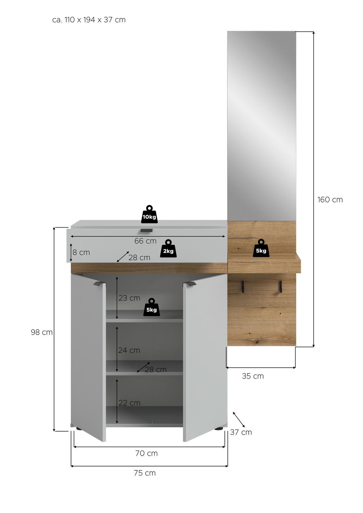 Garderobe Naro weiß Evoke Oak Nachbildung B/H/T: ca. 110x194x37 cm Naro - weiß (110,00/194,00/37,00cm) - xonox.home