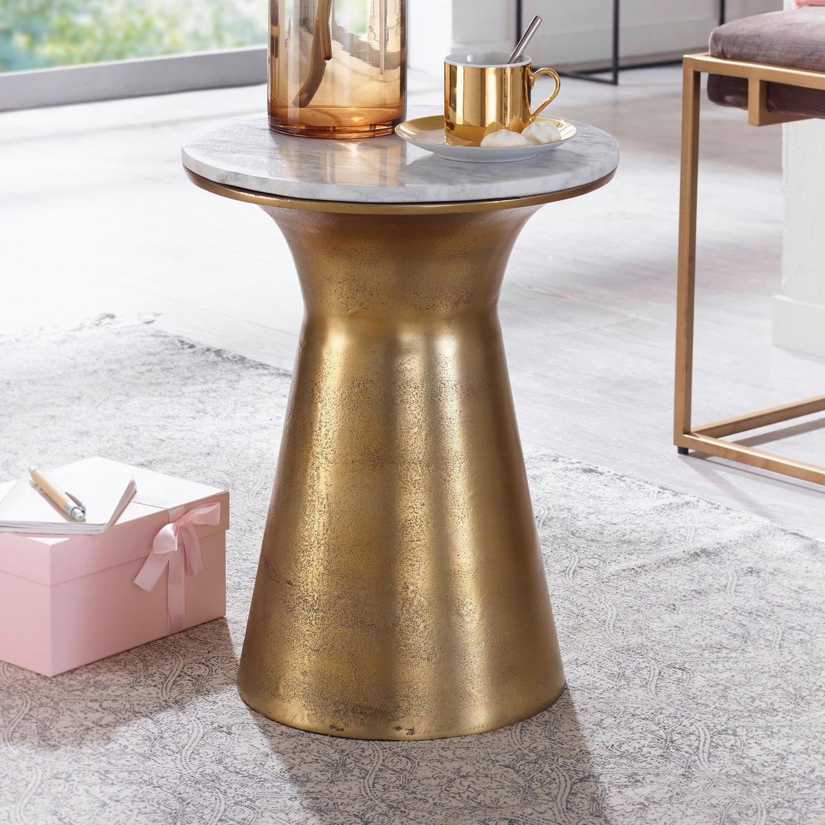 Beistelltisch gold lackiert Optik weiß Marmor Optik Aluminium Marmor B/H/T/S/D: ca. 35x45x35x1,5x35 cm Beistelltisch - gold/weiß (35,00/45,00/35,00cm) - Wohnling