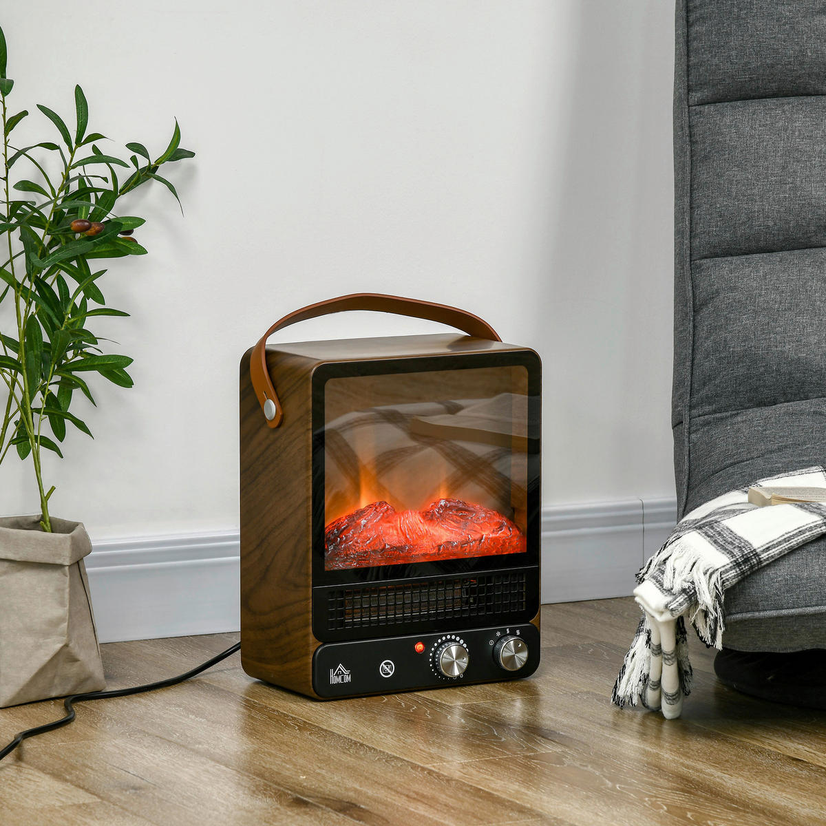 HOMCOM Elektro-Feuerstelle 820-348V90WN braun Edelstahl Polypropylen Kunststoff B/H/L: ca. 17,5x30,3x37,4 cm ca. 1500 W Elektrische_Feuerstelle - braun (37,40/17,50/30,30cm) - HOMCOM