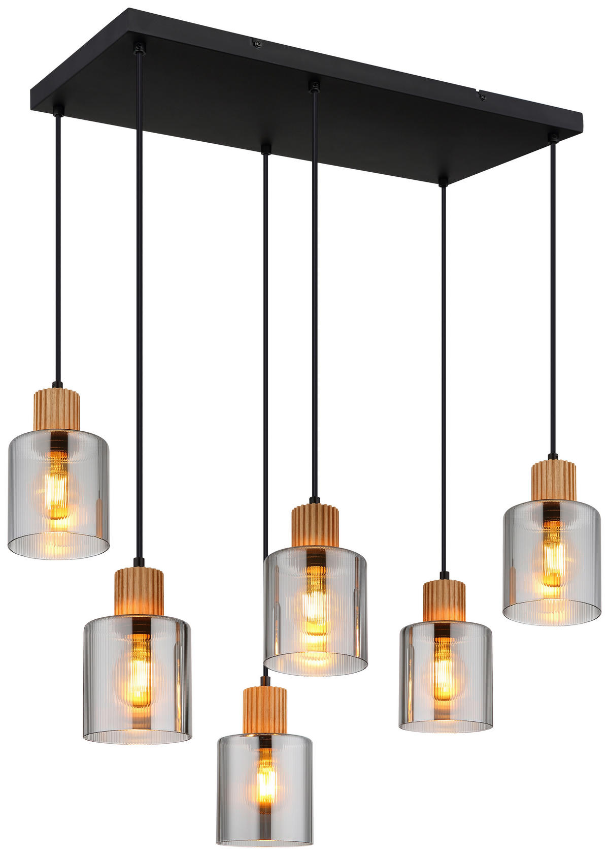 GLOBO Pendelleuchte Rauch schwarz dunkelbraun Glas Holz Metall B/H/L: ca. 33x120x67 cm E27 6 Brennstellen ALEIDIS - dunkelbraun/schwarz (67,00/33,00/120,00cm) - GLOBO