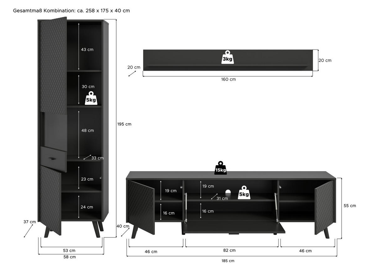 Wohnwand LINEA grau schwarz B/H/T: ca. 258x195x40 cm LINEA - schwarz/grau (258,00/195,00/40,00cm) - xonox.home