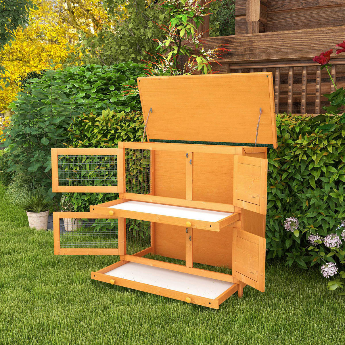 PawHut Kleintierstall grün Holz B/H/L: ca. 45x90x90 cm Kleintierstall - gelb/grün (90,00/45,00/90,00cm) - PawHut