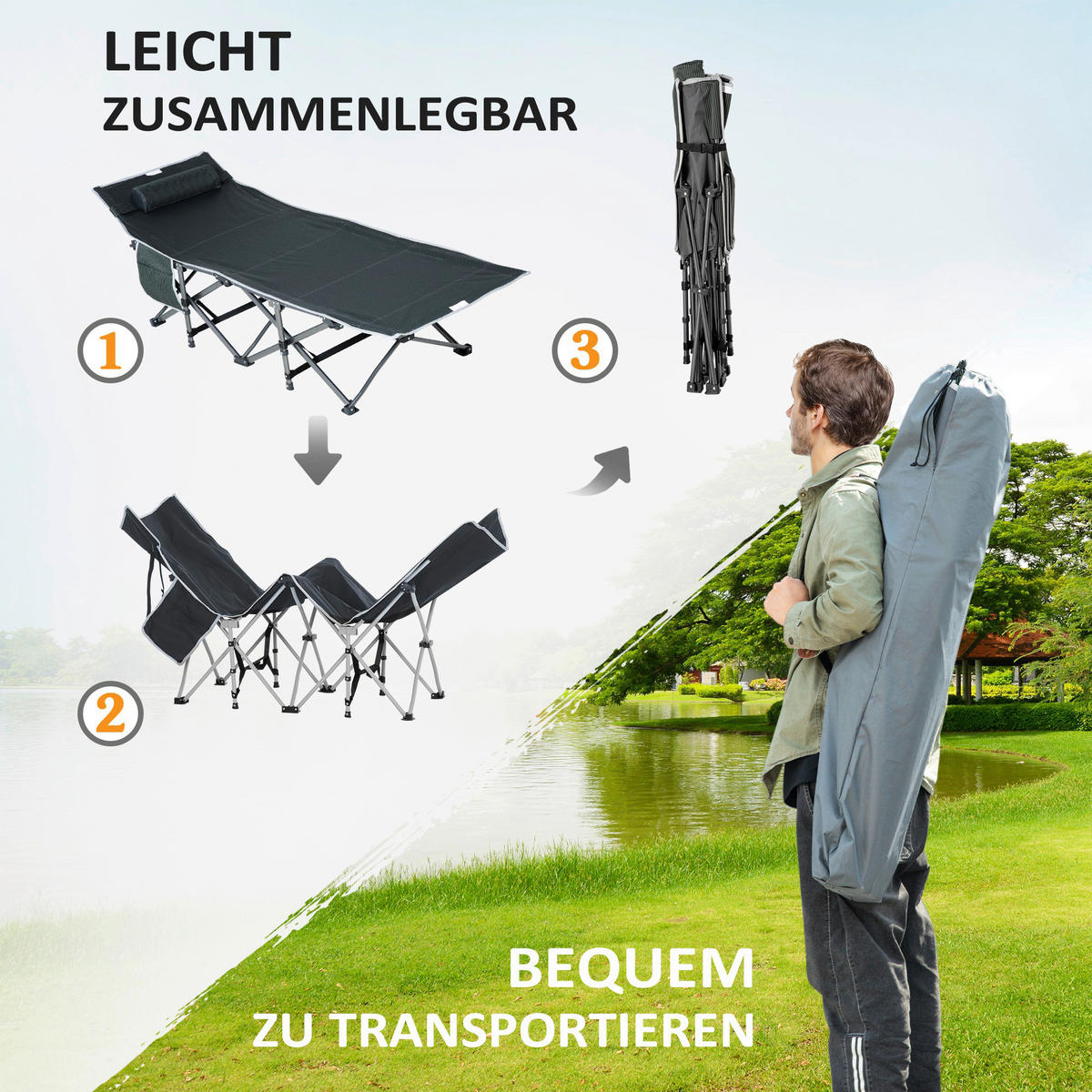 Outsunny Campingbett B/H/L: ca. 64,5x53x188 cm Campingbett - grau (188,00/64,50/53,00cm) - Outsunny