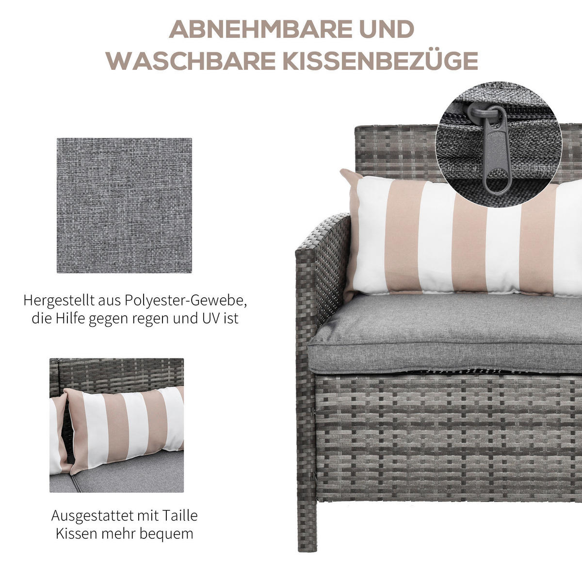 Outsunny Loungesofa grau Stahl B/H/T: ca. 173x78x68 cm Loungesofa_als_3sitzer - beige/grau (173,00/78,00/68,00cm) - Outsunny