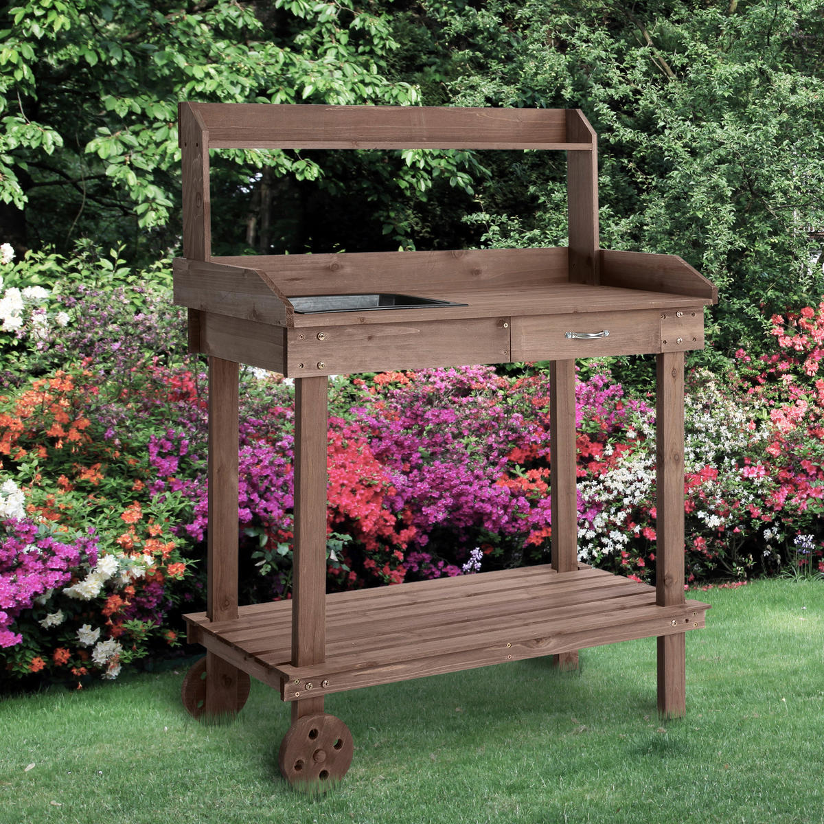 Outsunny Pflanztisch mit Rollen braun B/H/L: ca. 45x119x94 cm Gärtnertisch 845-460BN - braun (94,00/45,00/119,00cm) - Outsunny