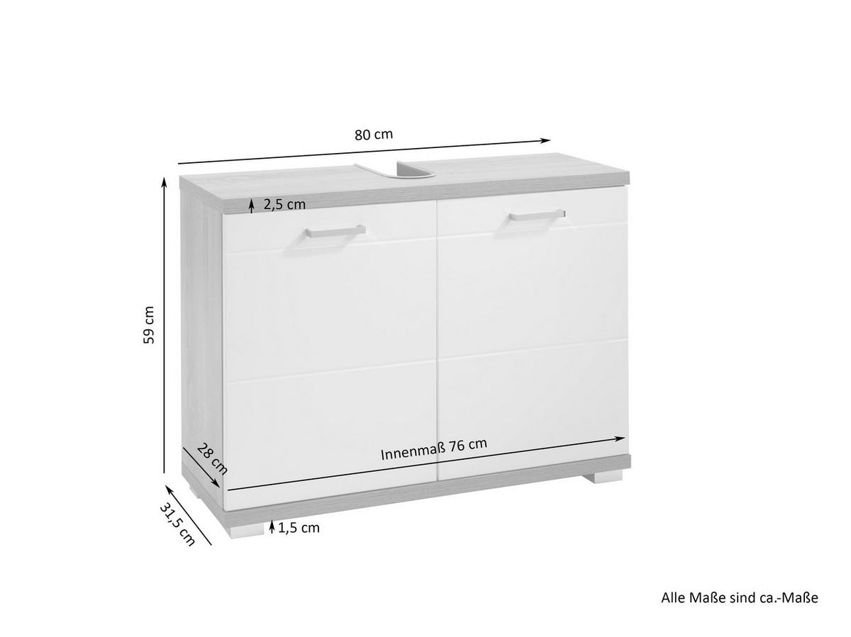 Waschbeckenunterschrank NEBRASKA Eiche Nachbildung weiß Hochglanz silber verchromt B/H/T: ca. 80x59x31,5 cm NEBRASKA - Eiche/weiß (80,00/59,00/31,50cm) - byLIVING