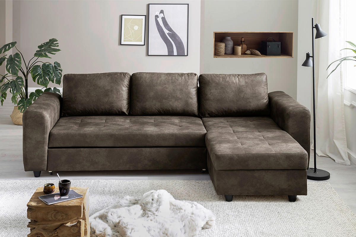 Ecksofa mit Bettfunktion und Bettkasten dunkelbraun B/T: ca. 245x155 cm Rise_L_2F.REC/BK_Ecksofa - dunkelbraun/schwarz (245,00/155,00cm)