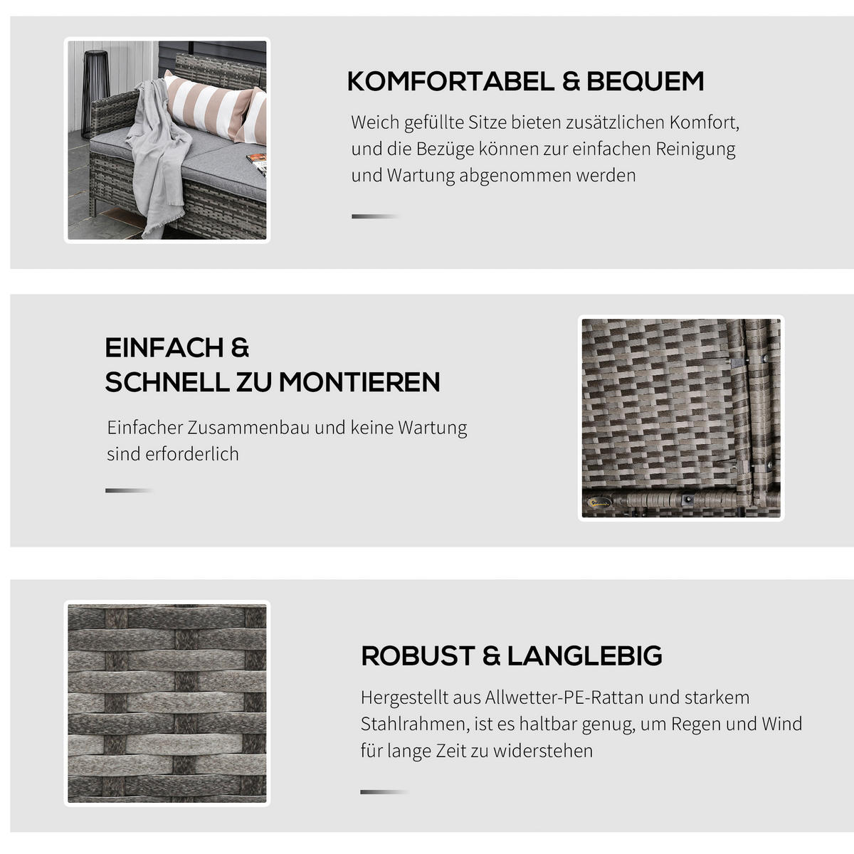 Outsunny Loungesofa grau Stahl B/H/T: ca. 173x78x68 cm Loungesofa_als_3sitzer - beige/grau (173,00/78,00/68,00cm) - Outsunny