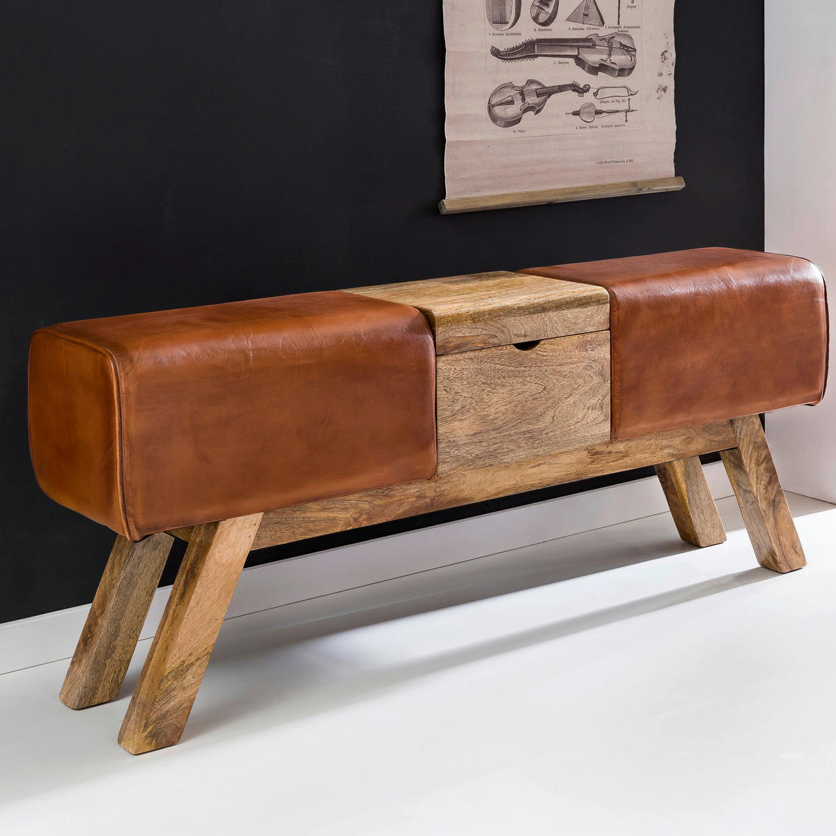 Wohnling Sitzbank braun natur Leder Echtholz B/H/T: ca. 120x53x29 cm Sitzbank - braun/natur (120,00/53,00/29,00cm) - Wohnling