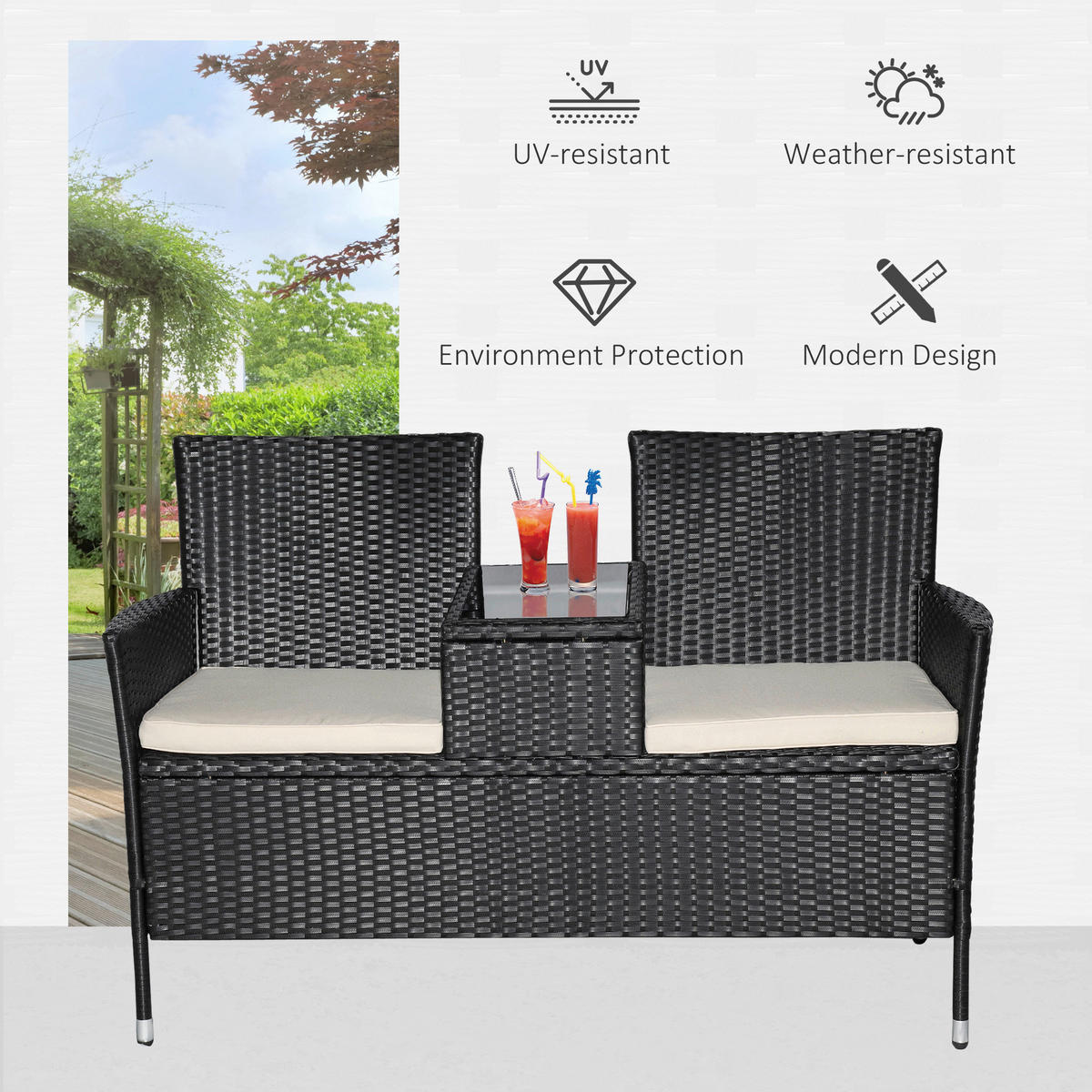 Outsunny Sitzgruppe schwarz Polyrattan B/H/L: ca. 63x133x84 cm Gartenmöbel-Set - schwarz (84,00/63,00/133,00cm) - Outsunny