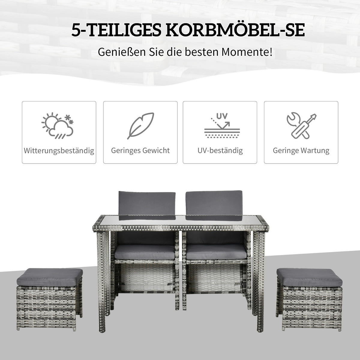 Outsunny Sitzgruppe grau Glas B/H/L: ca. 60x120x72 cm Sitzgruppe - grau (72,00/60,00/120,00cm) - Outsunny