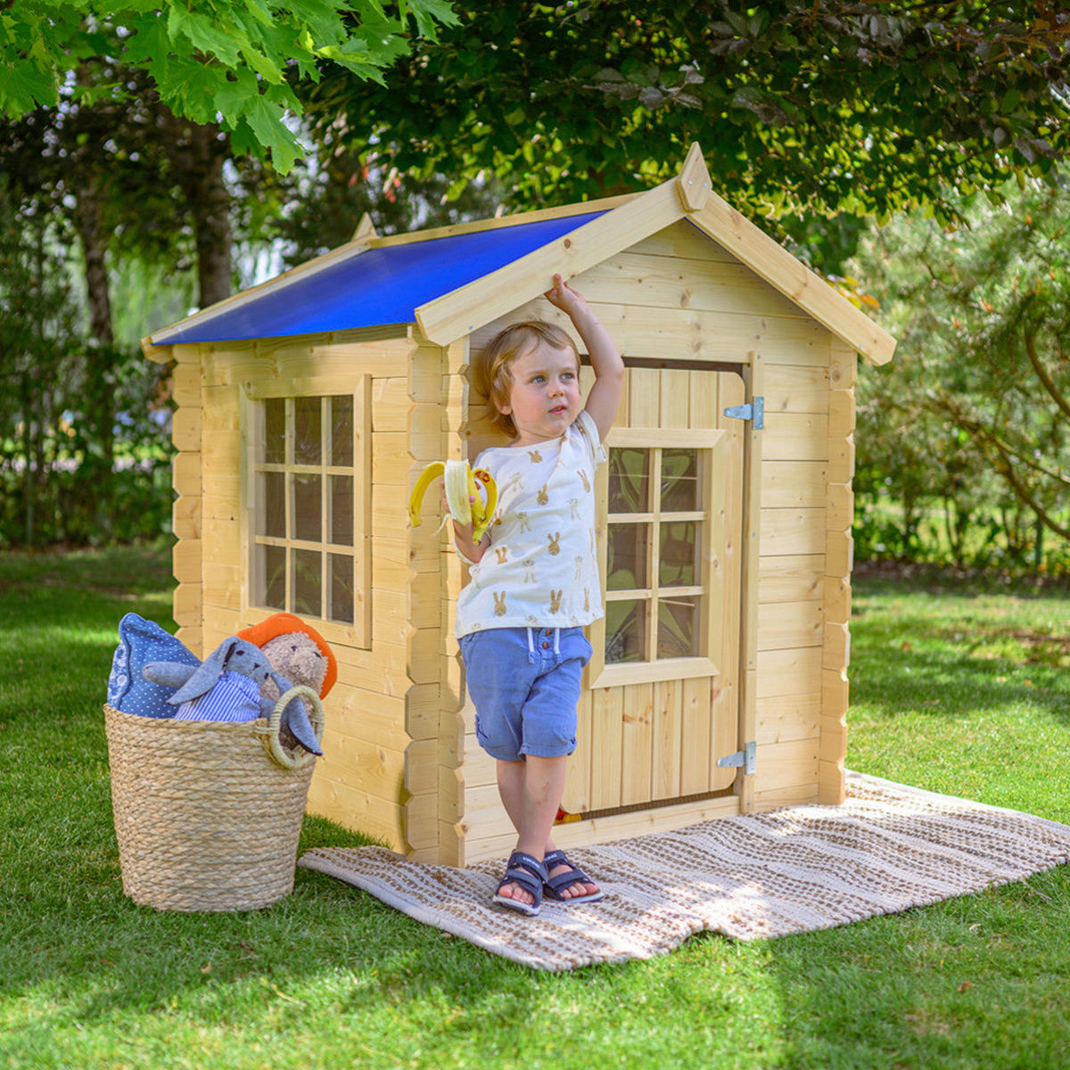 Timbela Kinderspielhaus M570M blau B/H/L: ca. 114x121x111 cm M570M - blau/natur (111,00/114,00/121,00cm) - Timbela