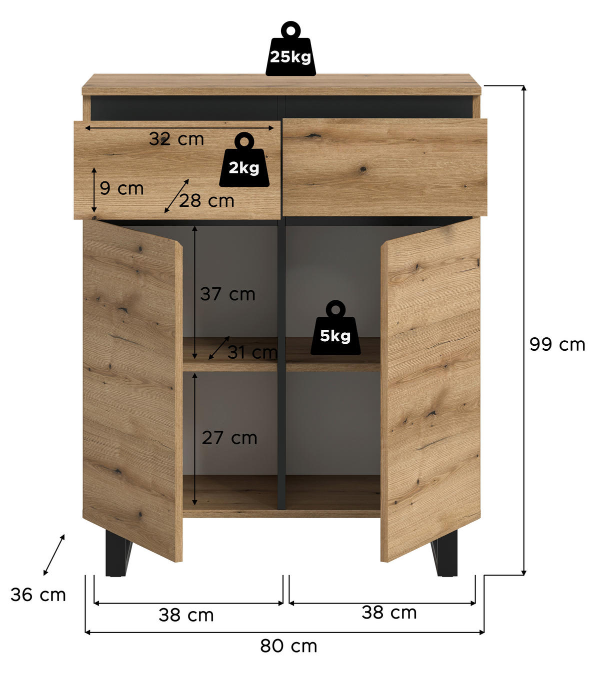 Kommode Tomasa Evoke Oak Nachbildung schwarz B/H/T: ca. 80x99x36 cm Tomasa - schwarz (80,00/99,00/36,00cm) - xonox.home