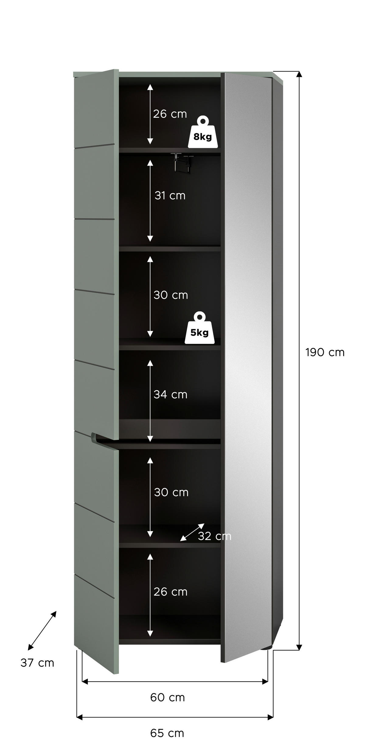 Garderobenschrank Canu grün basaltgrau Nachbildung B/H/T: ca. 190x65x37 cm Canu - basaltgrau/grün (190,00/65,00/37,00cm) - xonox.home