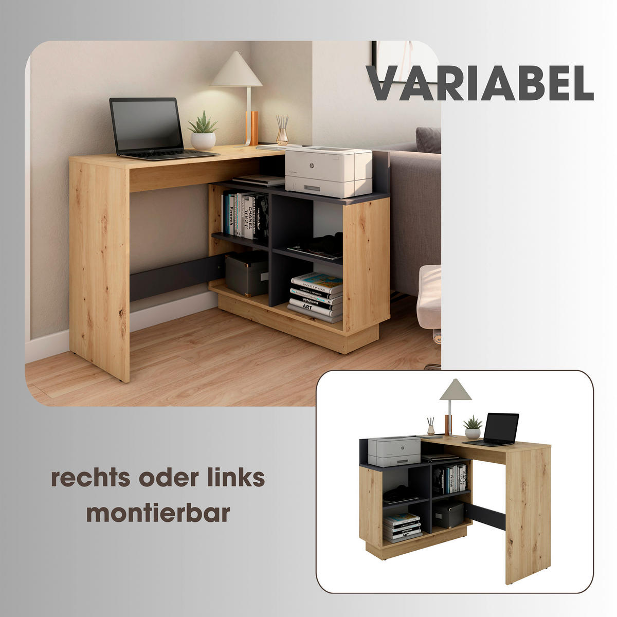 Eckschreibtisch BERNI Eiche Graphit B/H/T: ca. 102x77,5x80 cm BERNI - Eiche/Graphit (102,00/77,50/80,00cm) - byLIVING