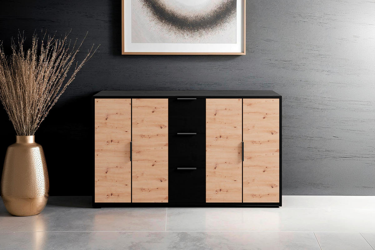 Kommode RIMINI schwarz Eiche Nachbildung B/H/T: ca. 139x80x39 cm RIMINI - Eiche/schwarz (139,00/80,00/39,00cm) - byLIVING
