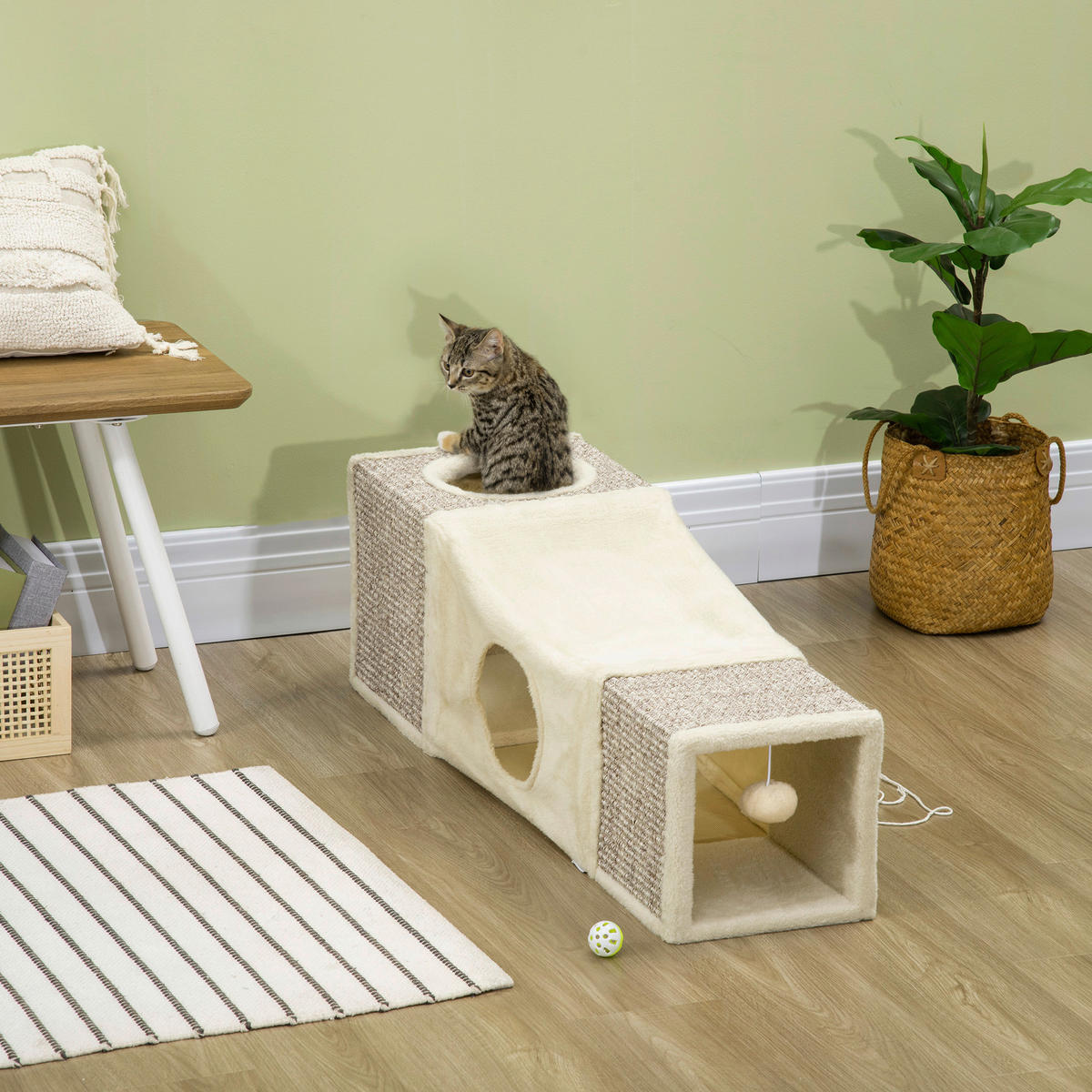 PawHut Katzen-Zubehör beige Spanplatte B/H/L: ca. 30x98x30 cm Katzentunnel - beige/braun (30,00/30,00/98,00cm) - PawHut