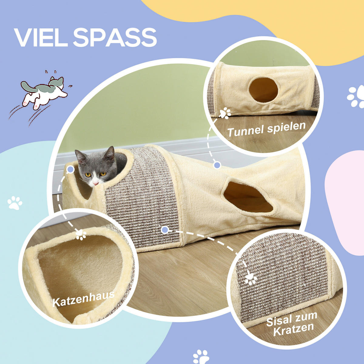PawHut Katzentunnel beige Spanplatte B/H/L: ca. 38x29x107 cm Katzentunnel - beige (107,00/38,00/29,00cm) - PawHut