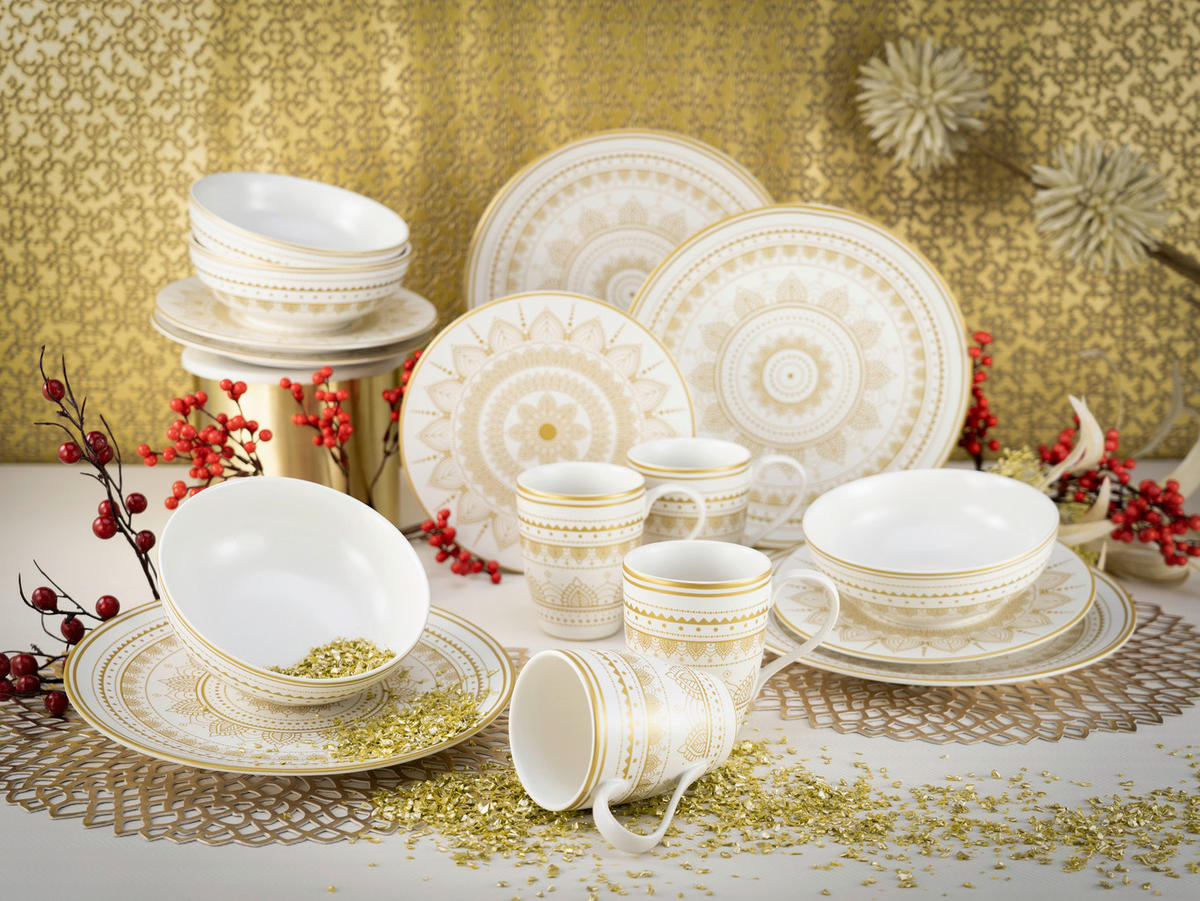 CreaTable Kombiservice MANDALA GOLD weiß Steinzeug 16 tlg. MANDALA GOLD - gold/weiß - CreaTable