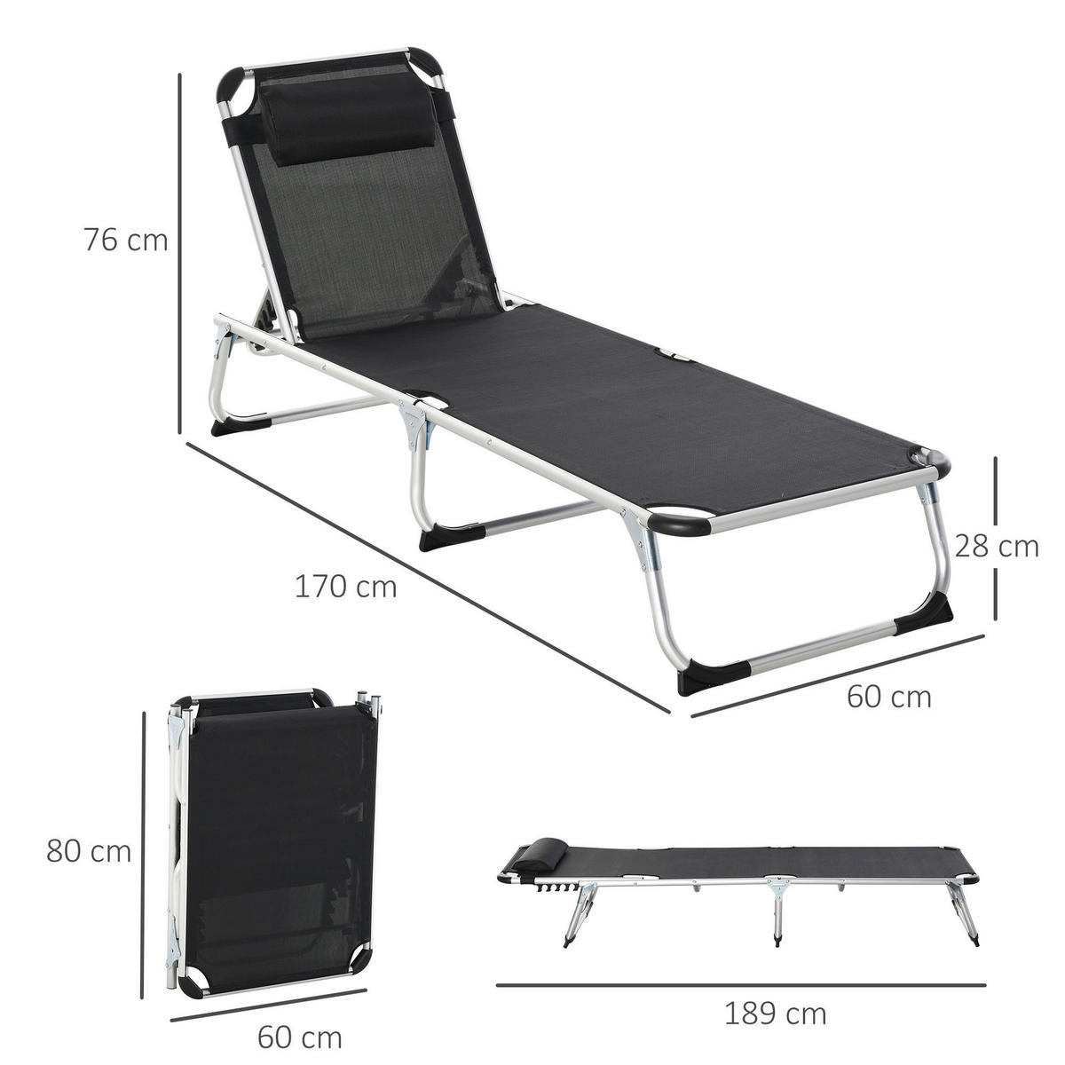 Outsunny Sonnenliege mit Kopfkissen schwarz Aluminium B/H/L: ca. 60x76x170 cm Sonnenliege mit Kopfkissen - schwarz (170,00/60,00/76,00cm) - Outsunny