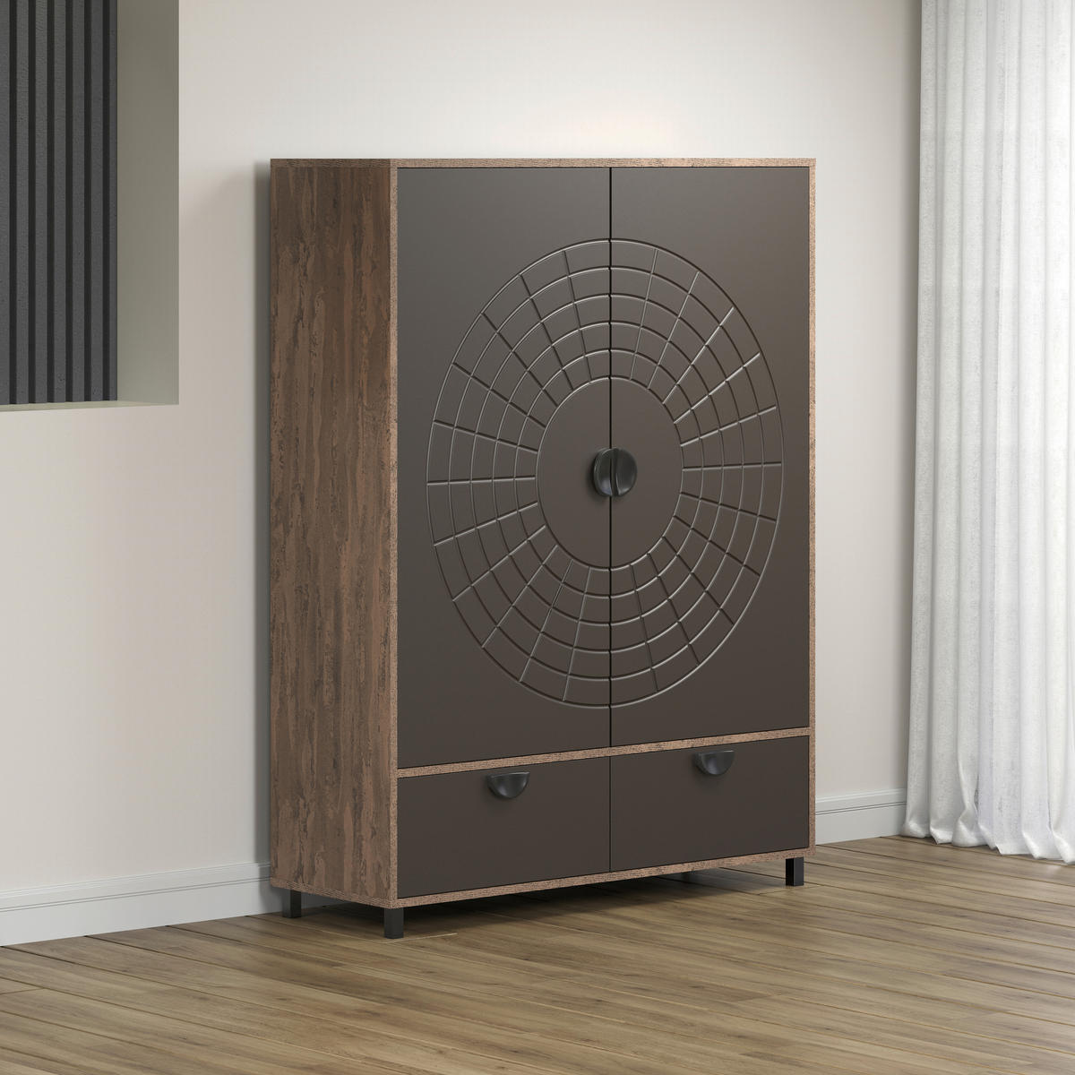 Highboard Fusion Eiche dunkel Nachbildung bronze Optik B/H/T: ca. 120x163x42 cm Fusion - Eiche/bronze (120,00/163,00/42,00cm)