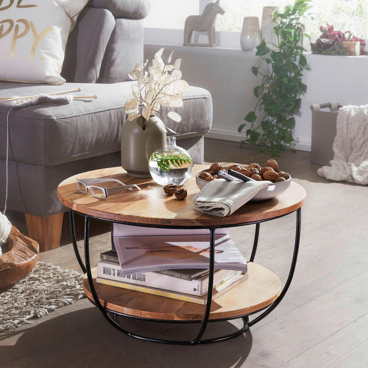 Couchtisch natur schwarz pulverbeschichtet B/H/T: ca. 60x34x60 cm Couchtisch - natur/schwarz (60,00/34,00/60,00cm) - Wohnling