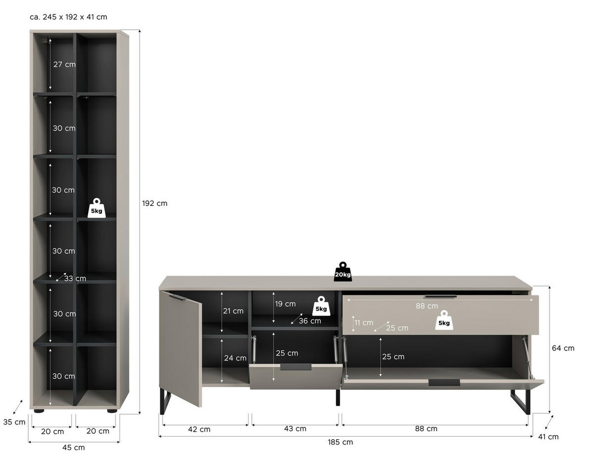 Wohnwand Noida Kaschmirgrau Nachbildung schwarz B/H/T: ca. 245x192x41 cm Noida - schwarz (245,00/192,00/41,00cm) - xonox.home