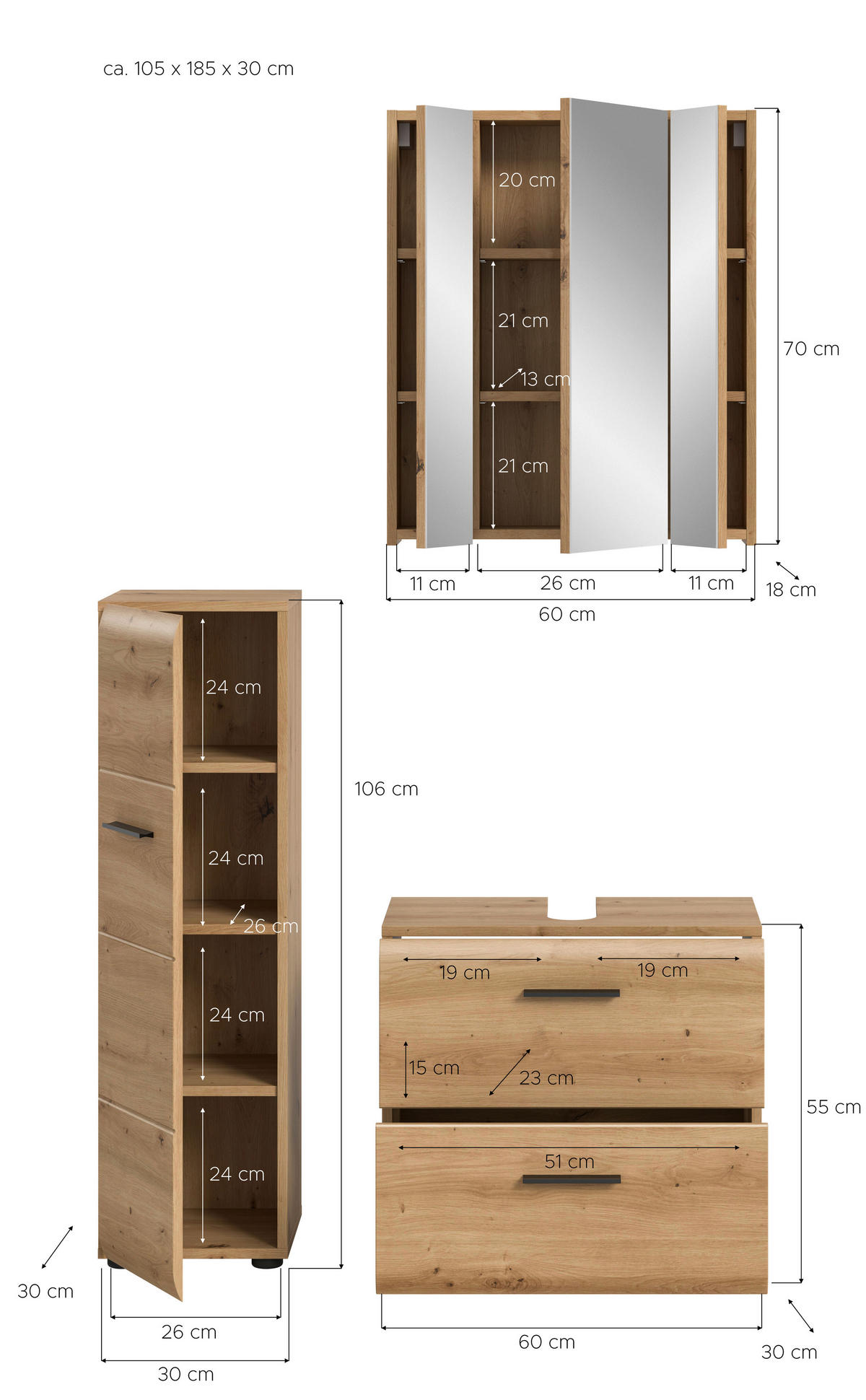 Badezimmer-Set Ice Artisan Oak Nachbildung B/H/T: ca. 105x185x30 cm Ice - (105,00/185,00/30,00cm) - xonox.home