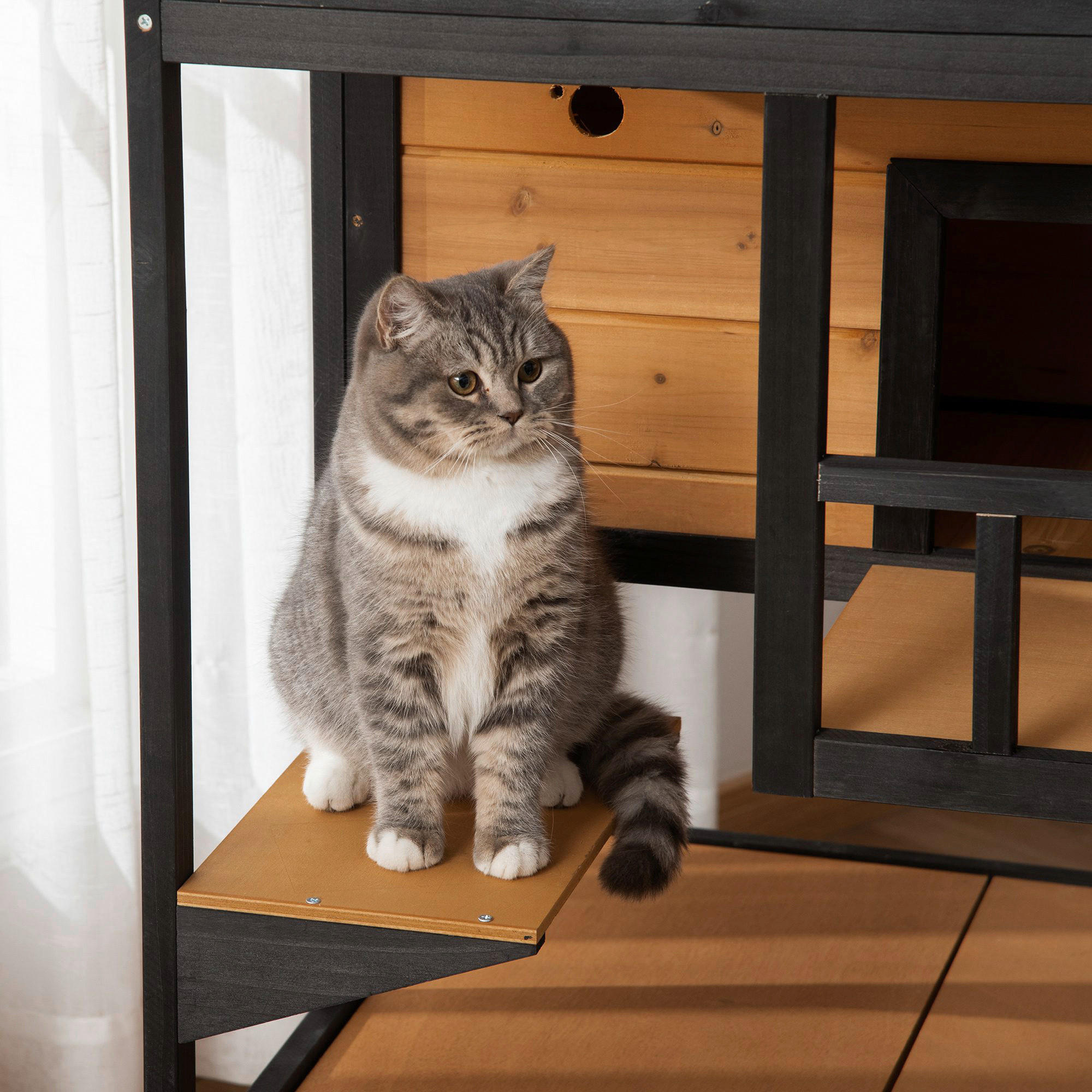 PawHut Katzenhaus schwarz Holz B/H/L: ca. 75x137x75,5 cm Katzenhaus - gelb/schwarz (75,50/75,00/137,00cm) - PawHut