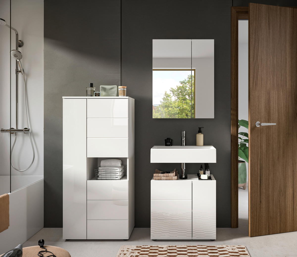 Badezimmer-Set VIRA weiß weiß Hochglanz B/H/T: ca. 135x190x34 cm VIRA - weiß (135,00/190,00/34,00cm) - xonox.home