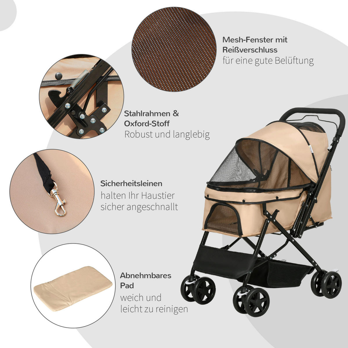 PawHut Hunde-Zubehör braun Edelstahl B/H/L: ca. 52x76,5x95 cm Hundebuggy - braun (95,00/52,00/76,50cm) - PawHut