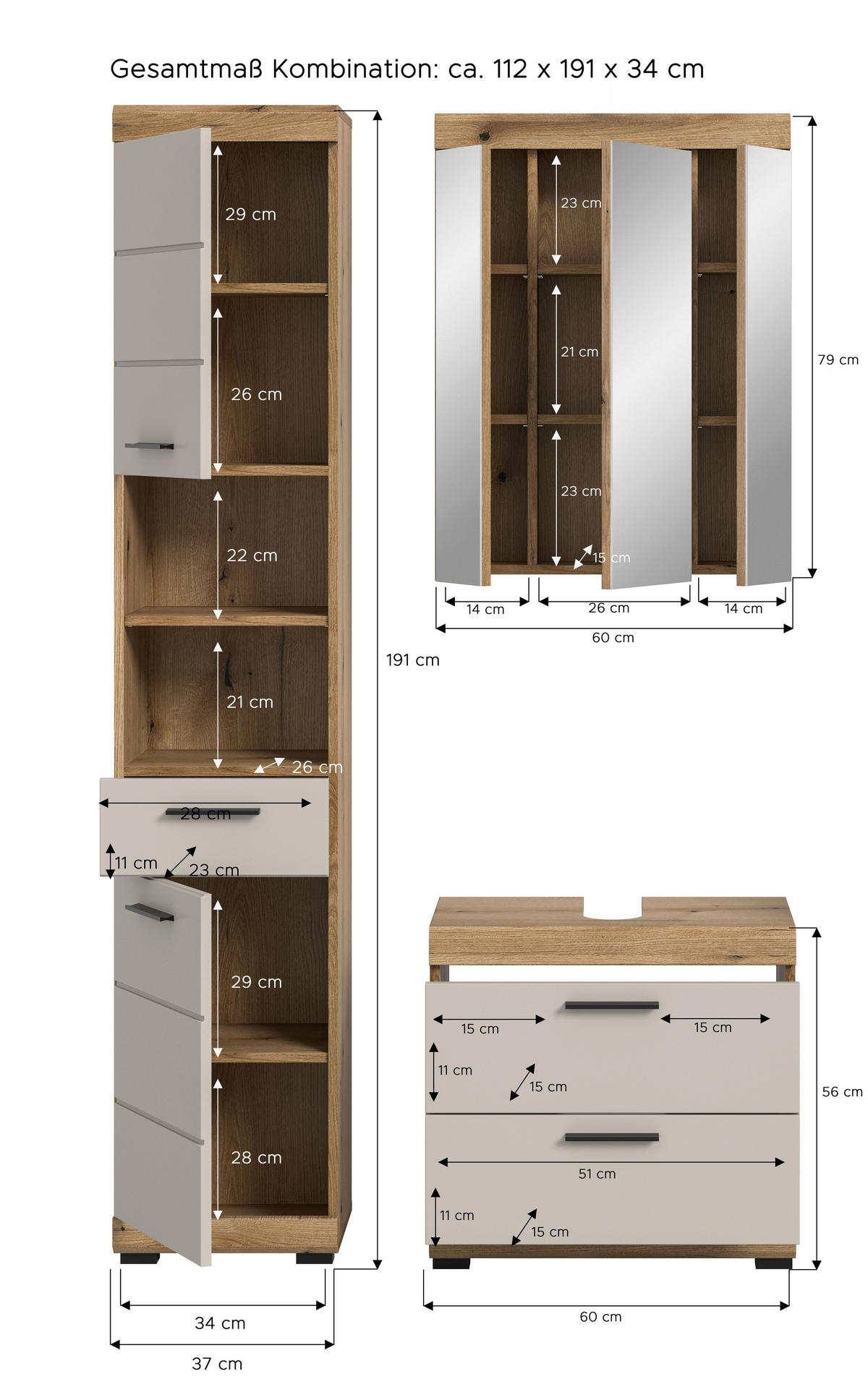 Badezimmer-Set Scout Evoke Oak Nachbildung Kaschmirgrau Nachbildung B/H/T: ca. 112x191x34 cm Scout - Kaschmirgrau (112,00/191,00/34,00cm) - xonox.home