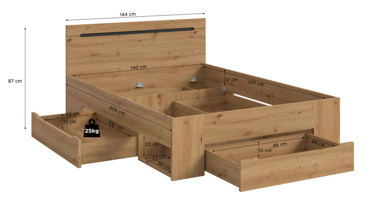 Bett CANU basaltgrau Artisan Nachbildung CANU - basaltgrau (144,00/87,00/205,00cm) - xonox.home