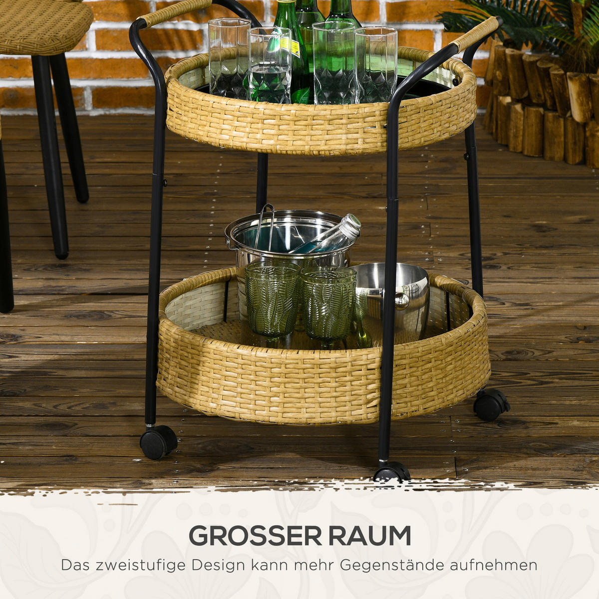 Outsunny Servierwagen gelb Edelstahl B/H/L: ca. 50x50x66 cm Rattan_Serving_Cart - gelb (66,00/50,00/50,00cm) - Outsunny