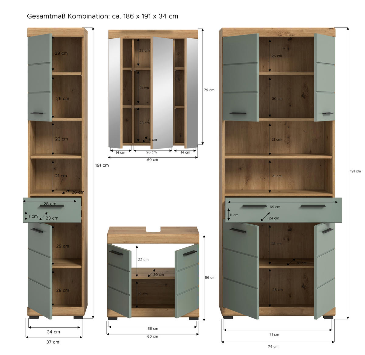 Badezimmer-Set Scout Eiche Artisan Nachbildung salbei Nachbildung B/H/T: ca. 186x191x34 cm Scout - Eiche/salbei (186,00/191,00/34,00cm) - xonox.home