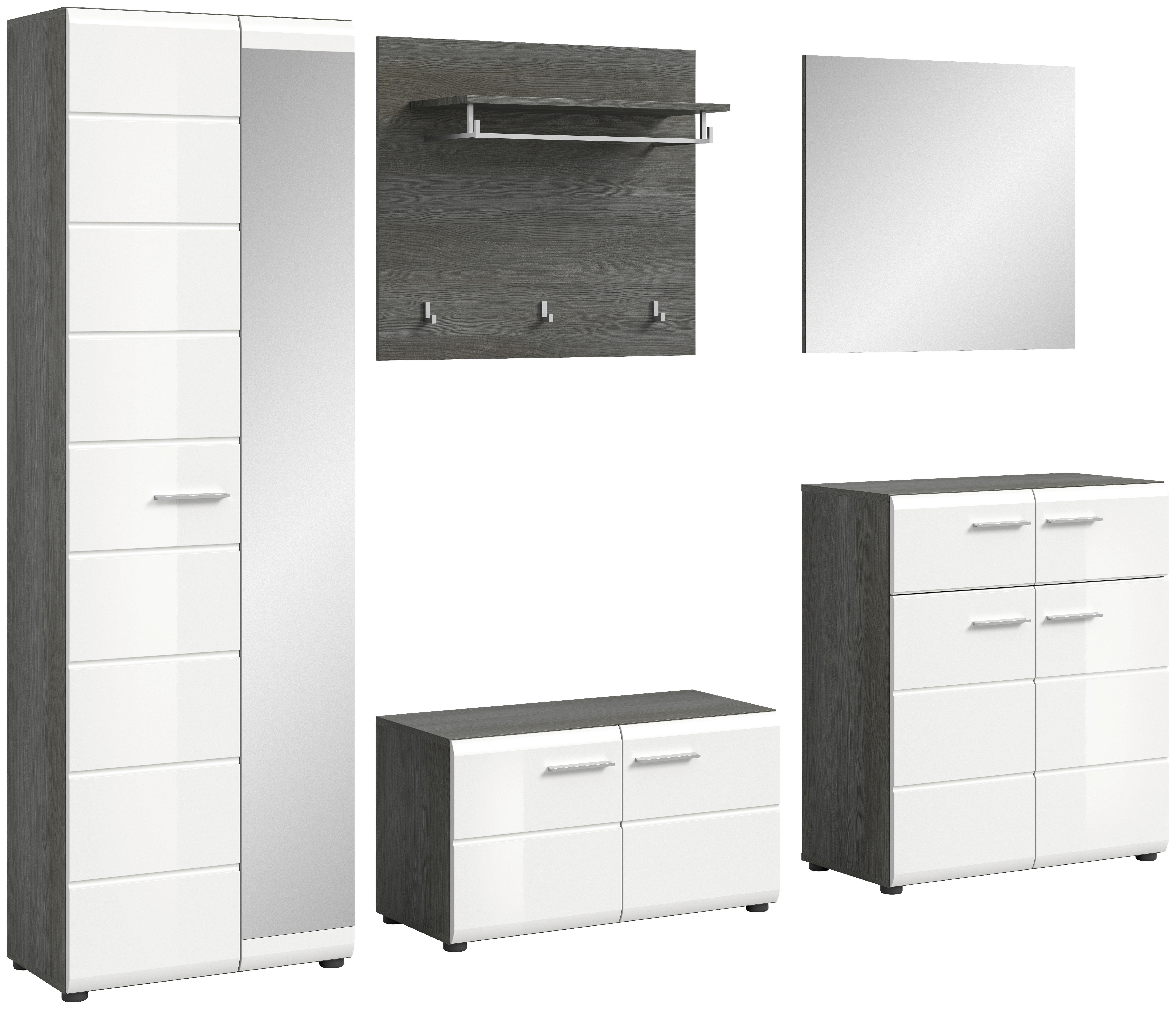Garderobe SALSA Eiche Rauchsilber Nachbildung weiß Hochglanz B/H/T: ca. 250x192x37 cm SALSA - Eiche/weiß (250,00/192,00/37,00cm) - xonox.home